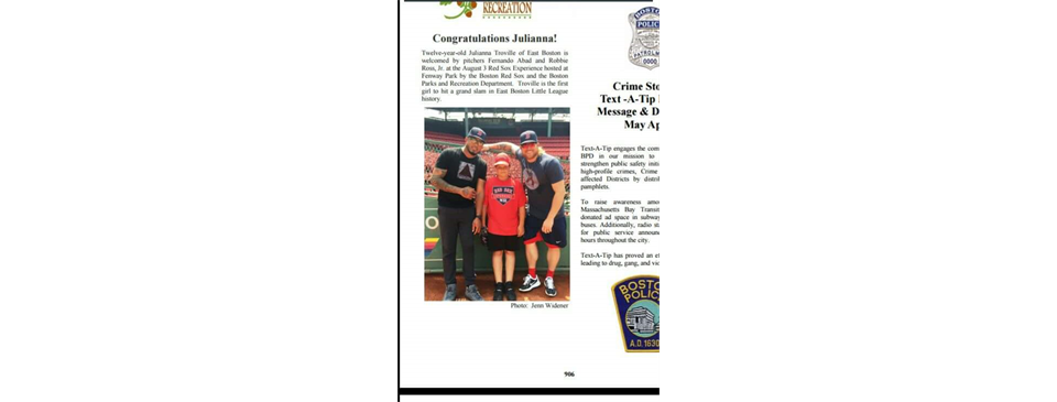 Julianna Troville is acknowledged at Fenway Park for being first girl to hit a grand slam in EBLL history