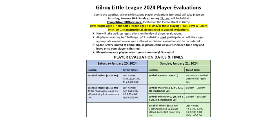 2024 Player Evaluations Schedule *UPDATED*