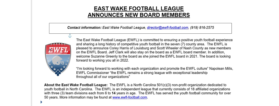 New EWFL Board Members