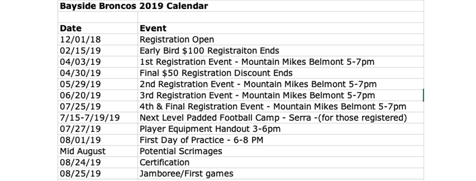 Bayside Broncos 2019 Calendar