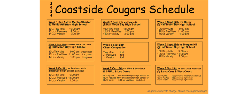  2024 Game schedule *subject to change 