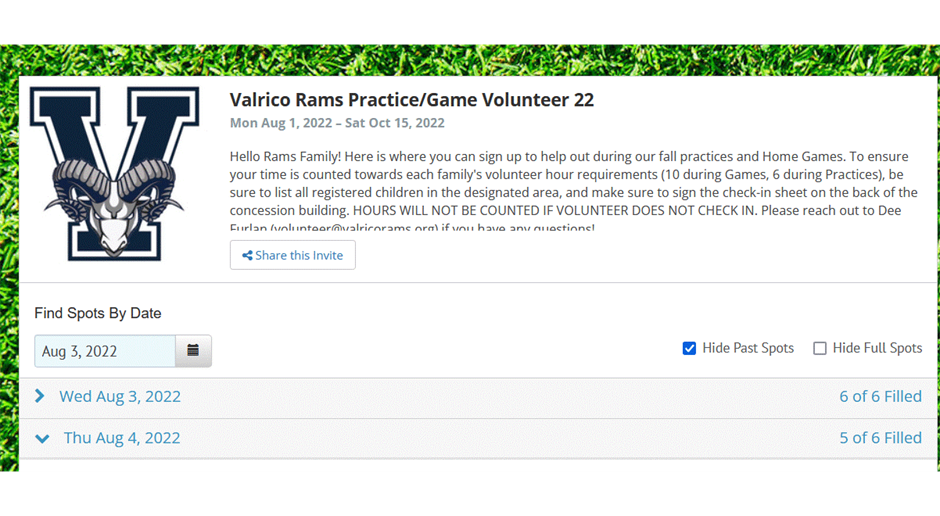 Rams' Volunteer Signup for practices & games