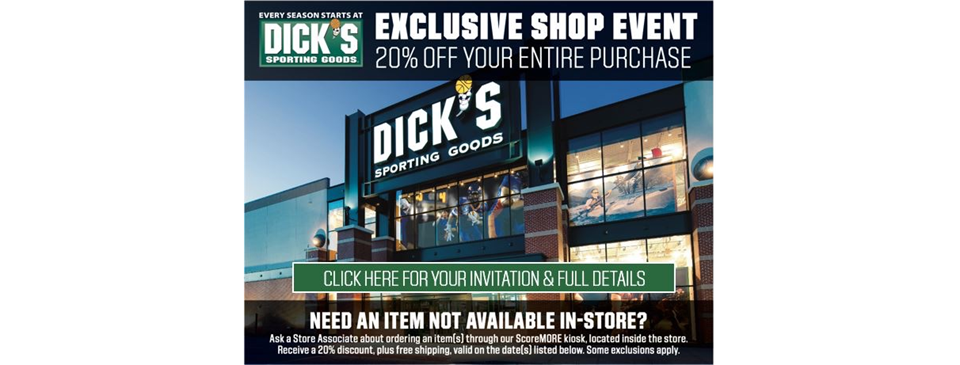 20% off at Dick's from Friday 3/7 through Monday 3/10