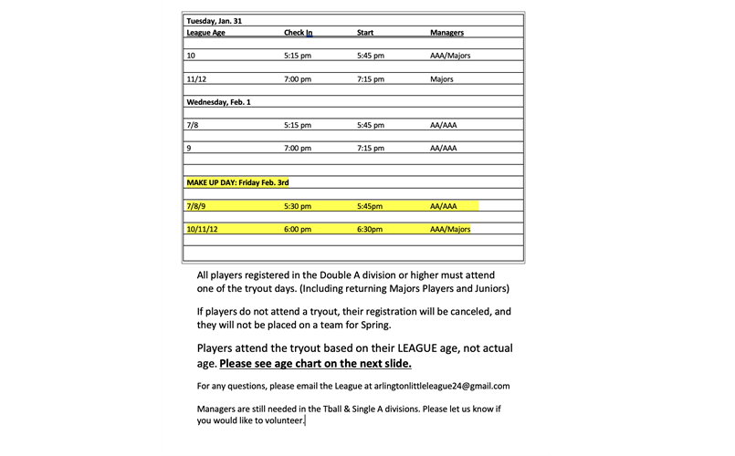 Try Out Schedule 