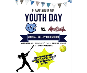 CVHS Youth Day, April 23rd, 4:00PM Support CVHS Softball!