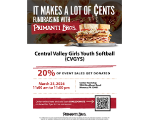 Primanti's Dine-to-Donate 2026 CVGYS, March 25th, Wednesday, 11am-11pm