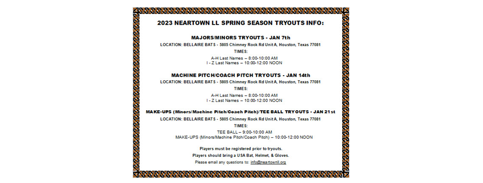 NLL Spring Season 2023 TRYOUTS SCHEDULE