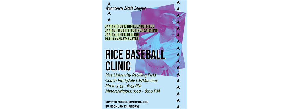 Correction! NLL Spring Baseball Clinic at Rice - Same Dates/Earlier Session Times!