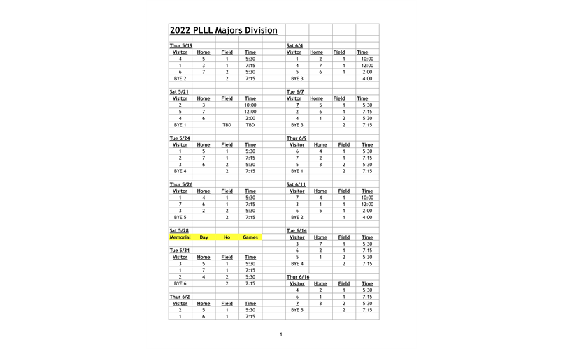 Majors Baseball  schedule 