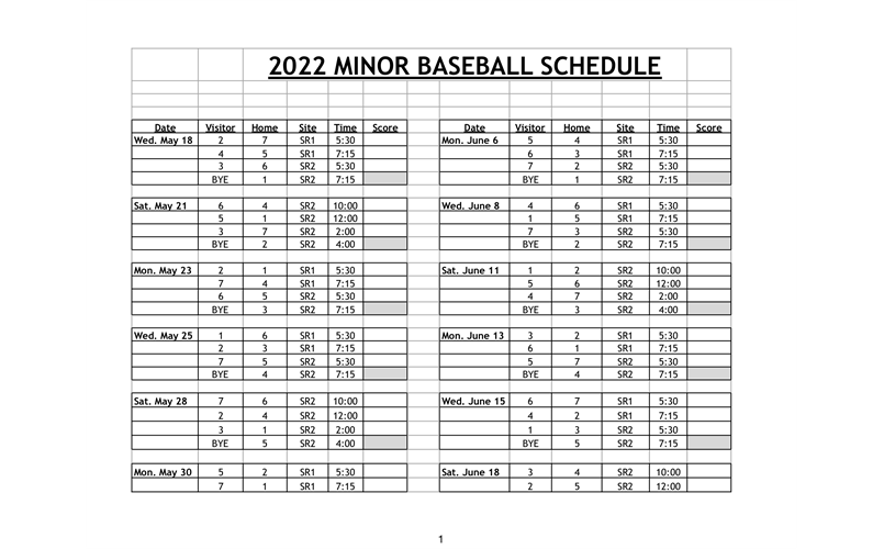 Minors baseball Schedule