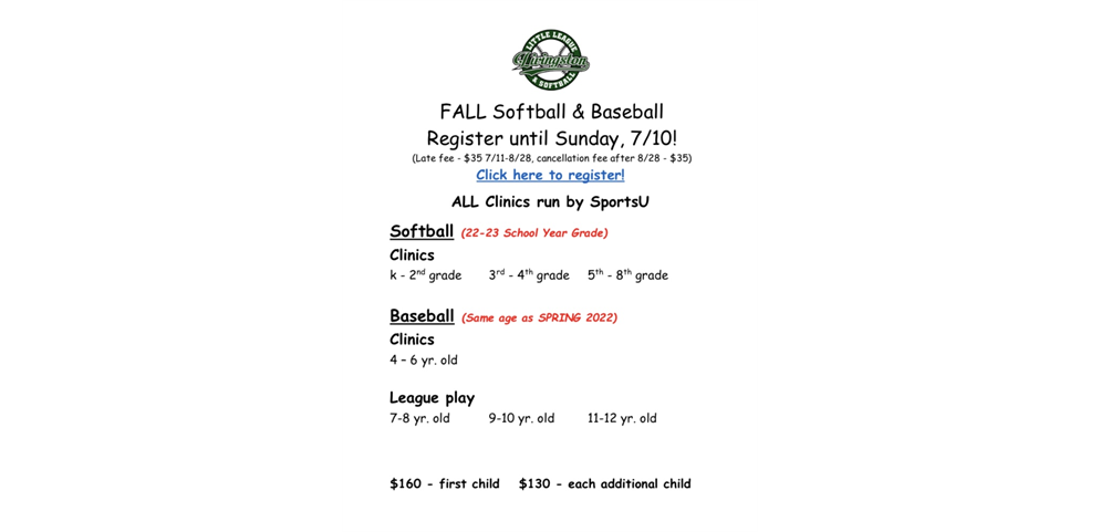 Fall 2022 Baseball & Softball Registration!