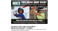 Livingston Little League & Softball Discount Weekend at Dick's 3/12 - 3/15