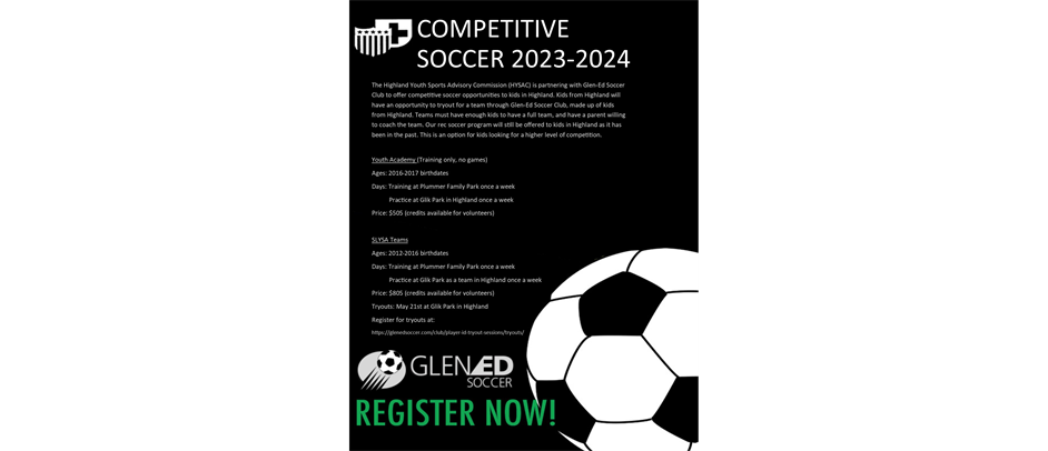 Highland/Glen Ed Competitive Soccer Teams Now Available
