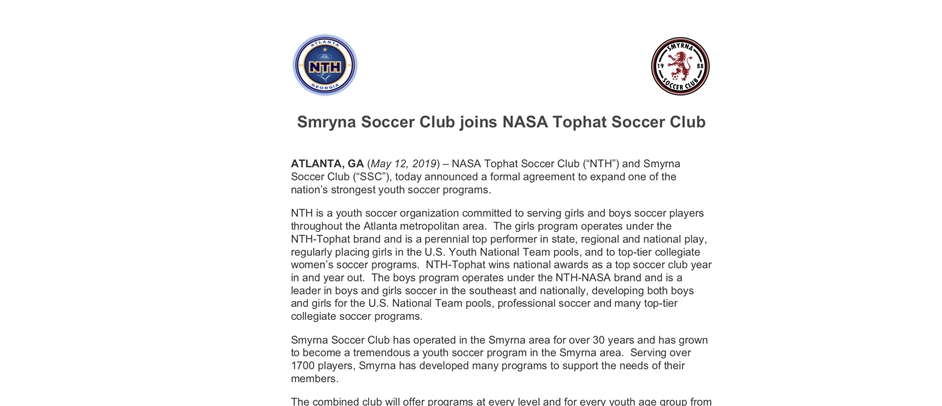 Smyrna Soccer Club Merges With NASA Tophat