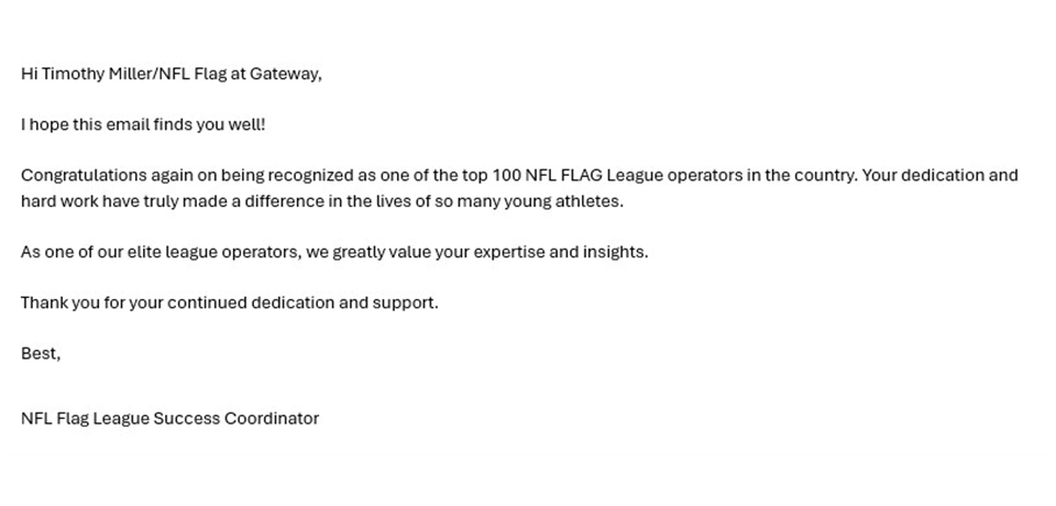 Gateway Flag Recognized as one of Top 100 NFL Flag Operators