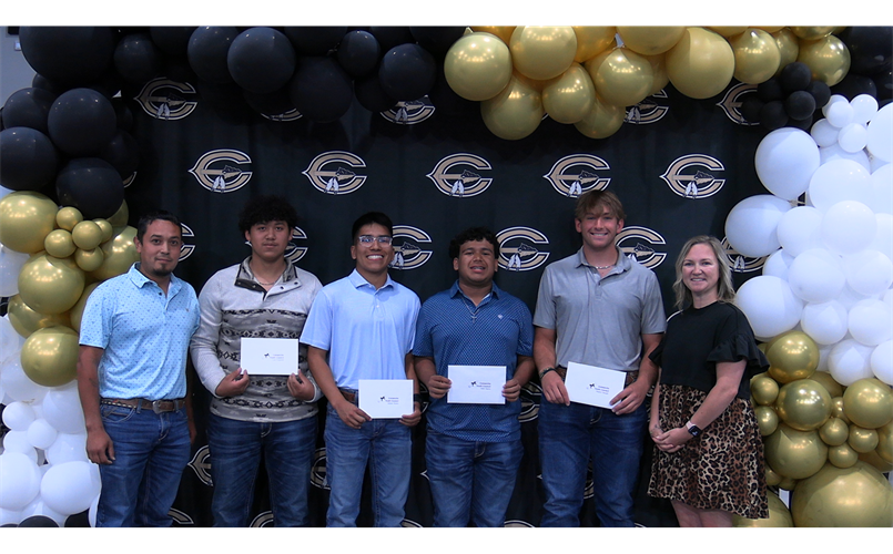 Congratulations to the recipients of the Comanche Youth Council Scholarships awarded at the Senior Scholarship Awards Ceremony!  Pictured: President of CYC Esteban Ibarra, recipients Luis Esquivel, Ad