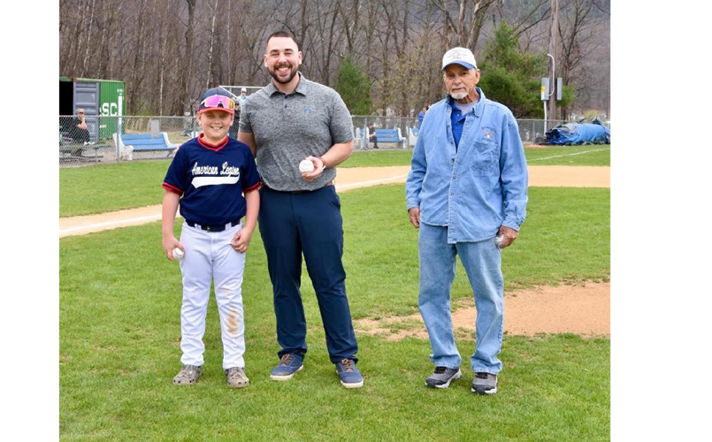 Nolan Runk, Mayor Nathan Gerace, and League President Bill Angst